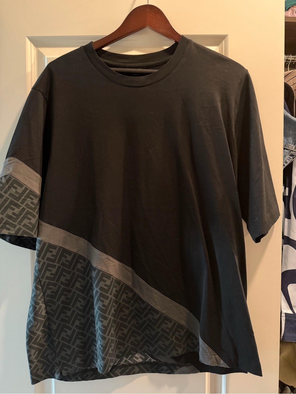 Fendi Black Short Sleeve Tee with Gray Monogram Panel